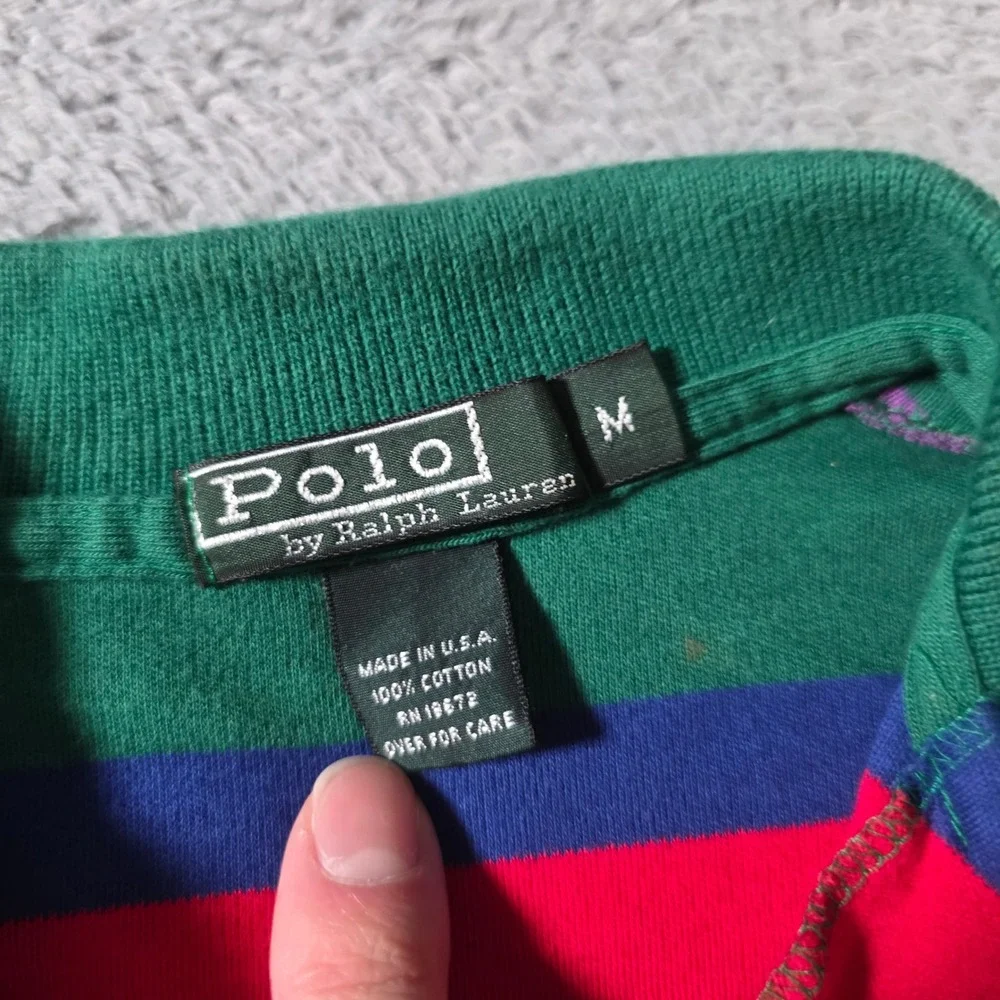 Polo Ralph Lauren Mens M Polo Shirt Green Striped Short Sleeve Vintage USA Made